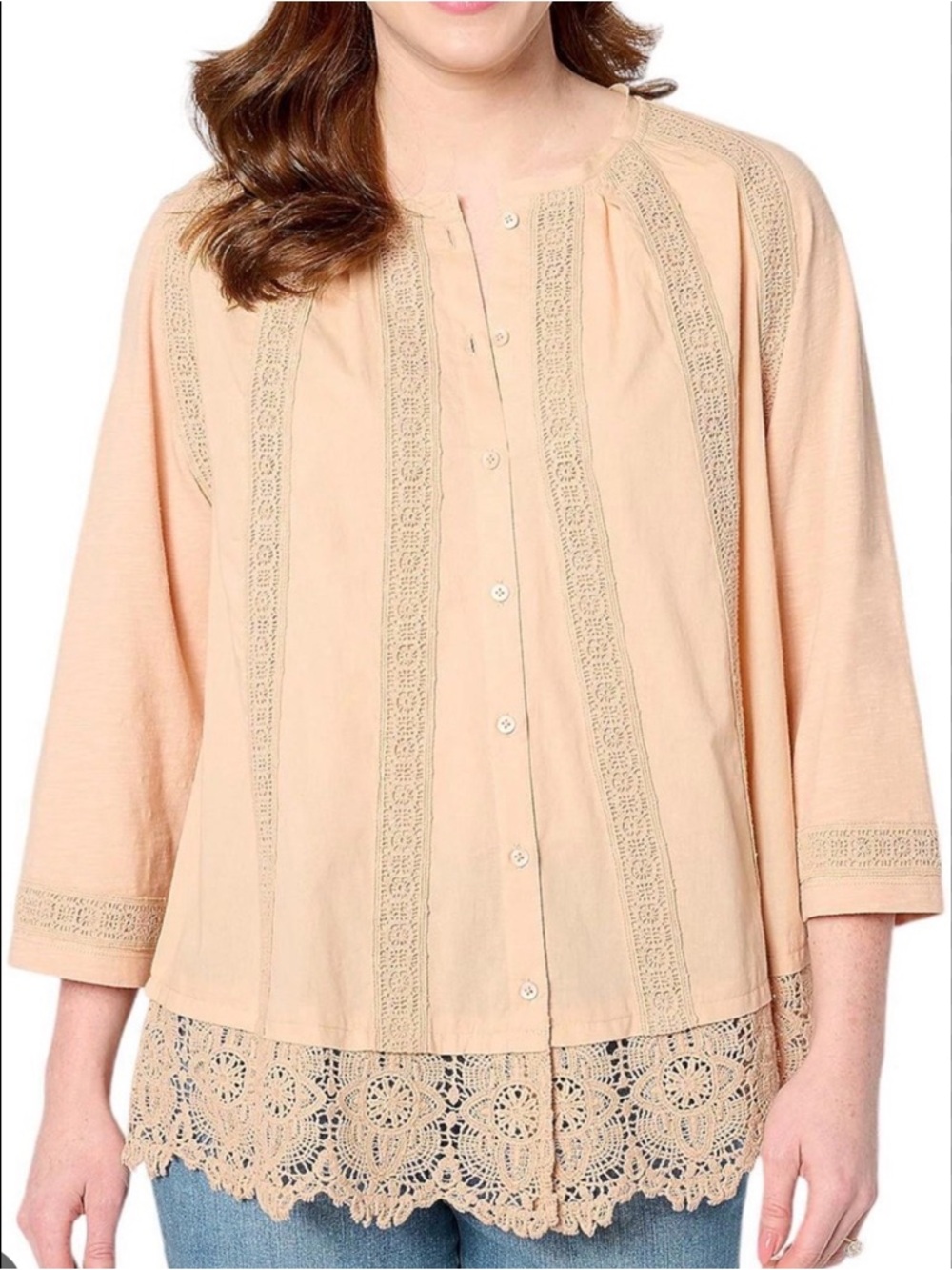 Lavish Tan Lace-Trim Button Front Blouse
